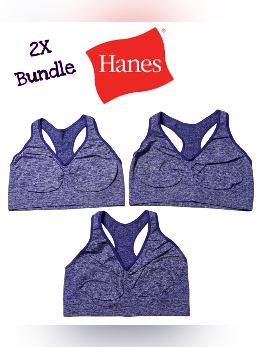 Hanes Women's 2X Seamless Sports Bra Bundle 3 pack Blue/Purple